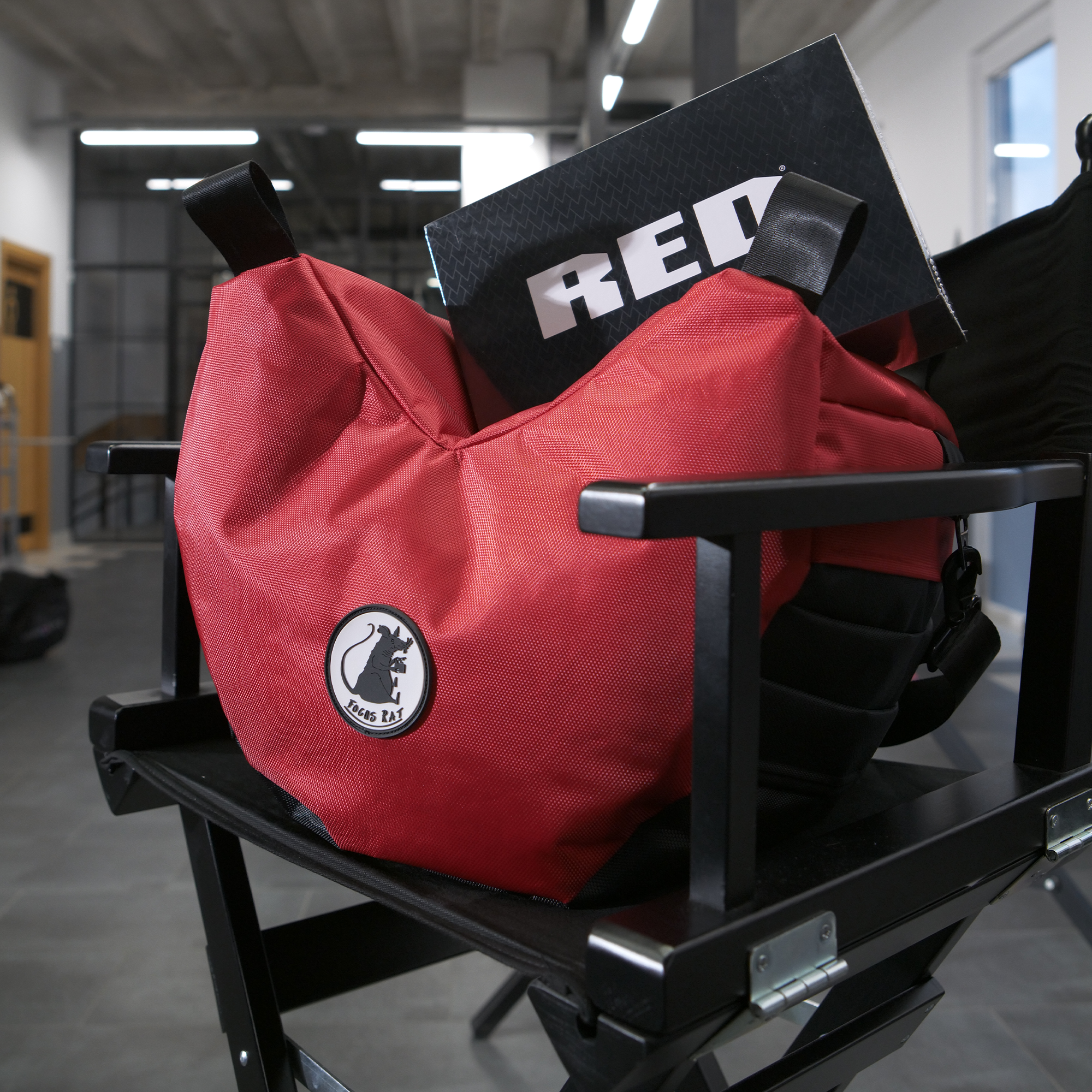 Cine Saddle like Steady Bag Large In Use on a directors Chair