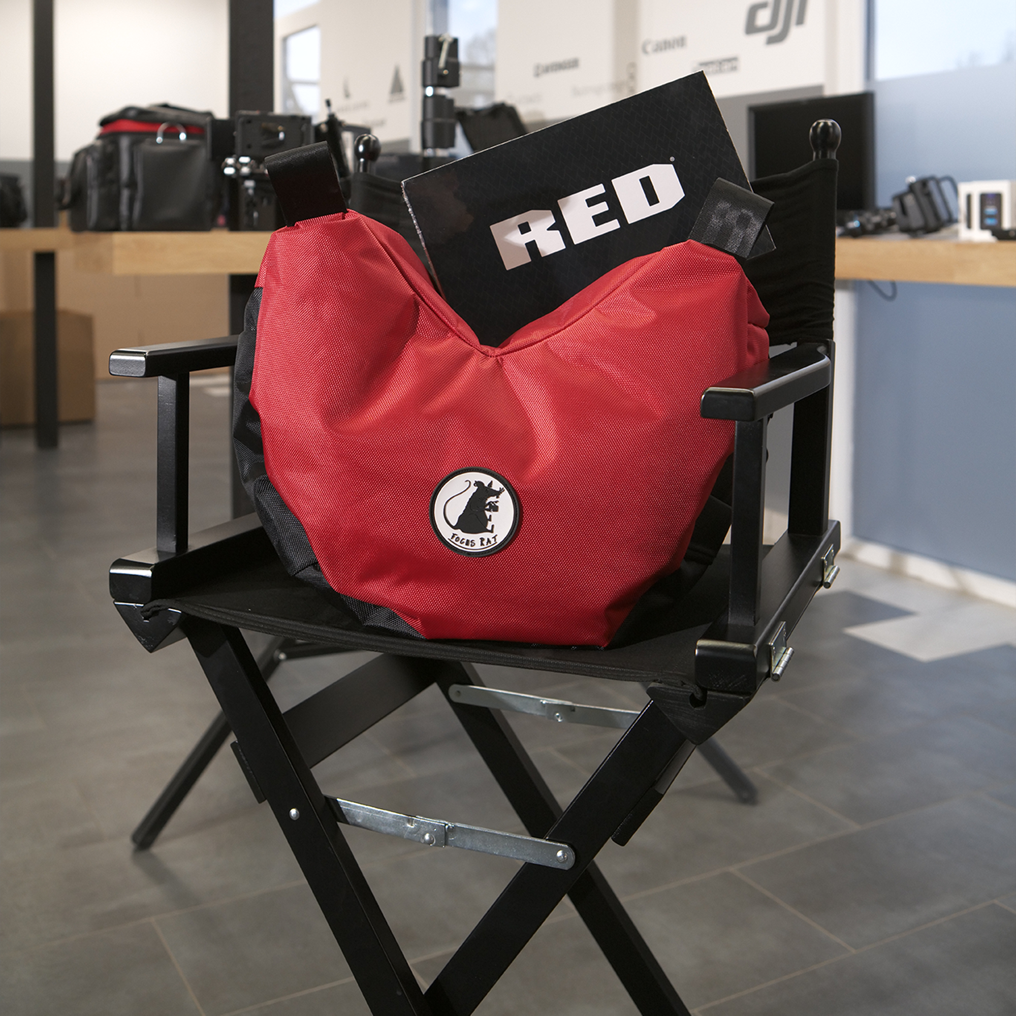 Customizable Professional Steady bag (Steady Saddle) A Large Ruby Red Bag on top of the directors chair